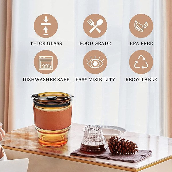 Customized Jar Drinking Glass with Straw 380ml, Brown Leather Sleeve, ups with Lids and Straws Iced Coffee Cup