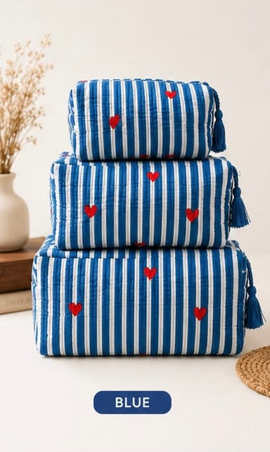 Hombay Quilted Travel Pouch Set of 3 | Cotton Makeup, Toiletry & Organizer Bags with Tassel Zip | Multi-Size Travel Storage