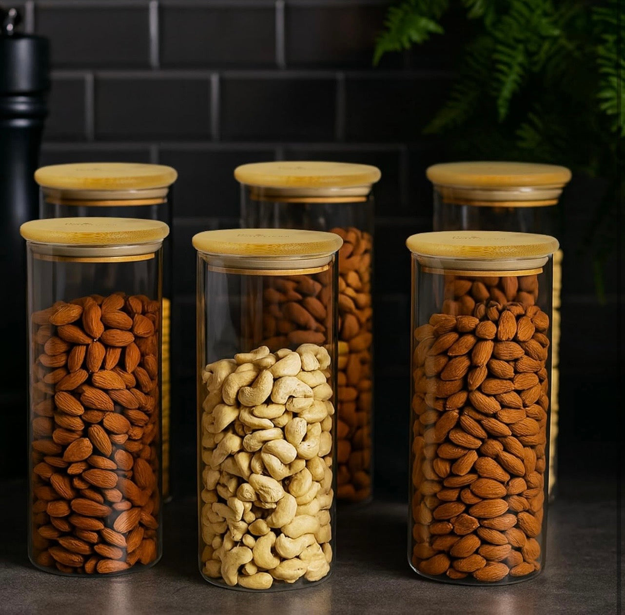 HOMBAY Borosilicate Glass Storage Jar with Airtight Bamboo Lid (1000ml) | Kitchen Storage Container for Dry Fruits, Spices & Pantry Essentials (set of 6 )