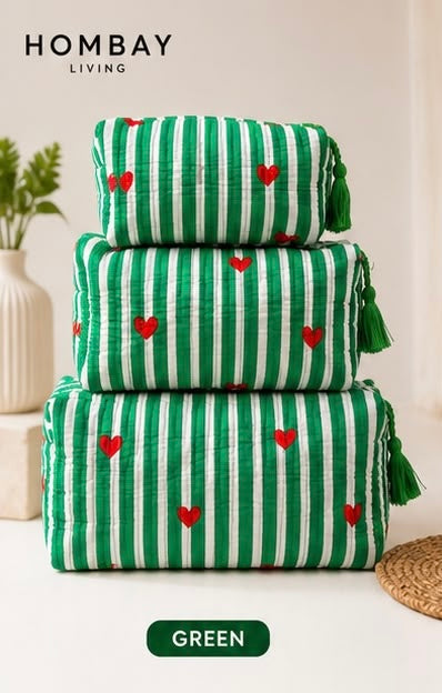Hombay Quilted Travel Pouch Set of 3 | Cotton Makeup, Toiletry & Organizer Bags with Tassel Zip | Multi-Size Travel Storage