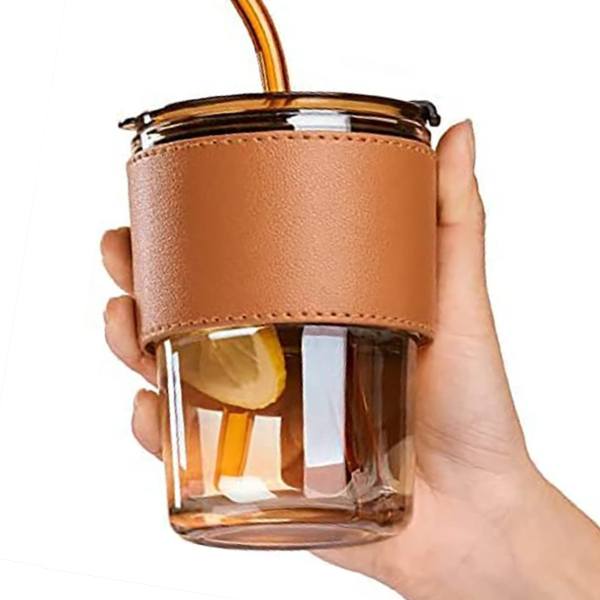 Customized Jar Drinking Glass with Straw 380ml, Brown Leather Sleeve, ups with Lids and Straws Iced Coffee Cup