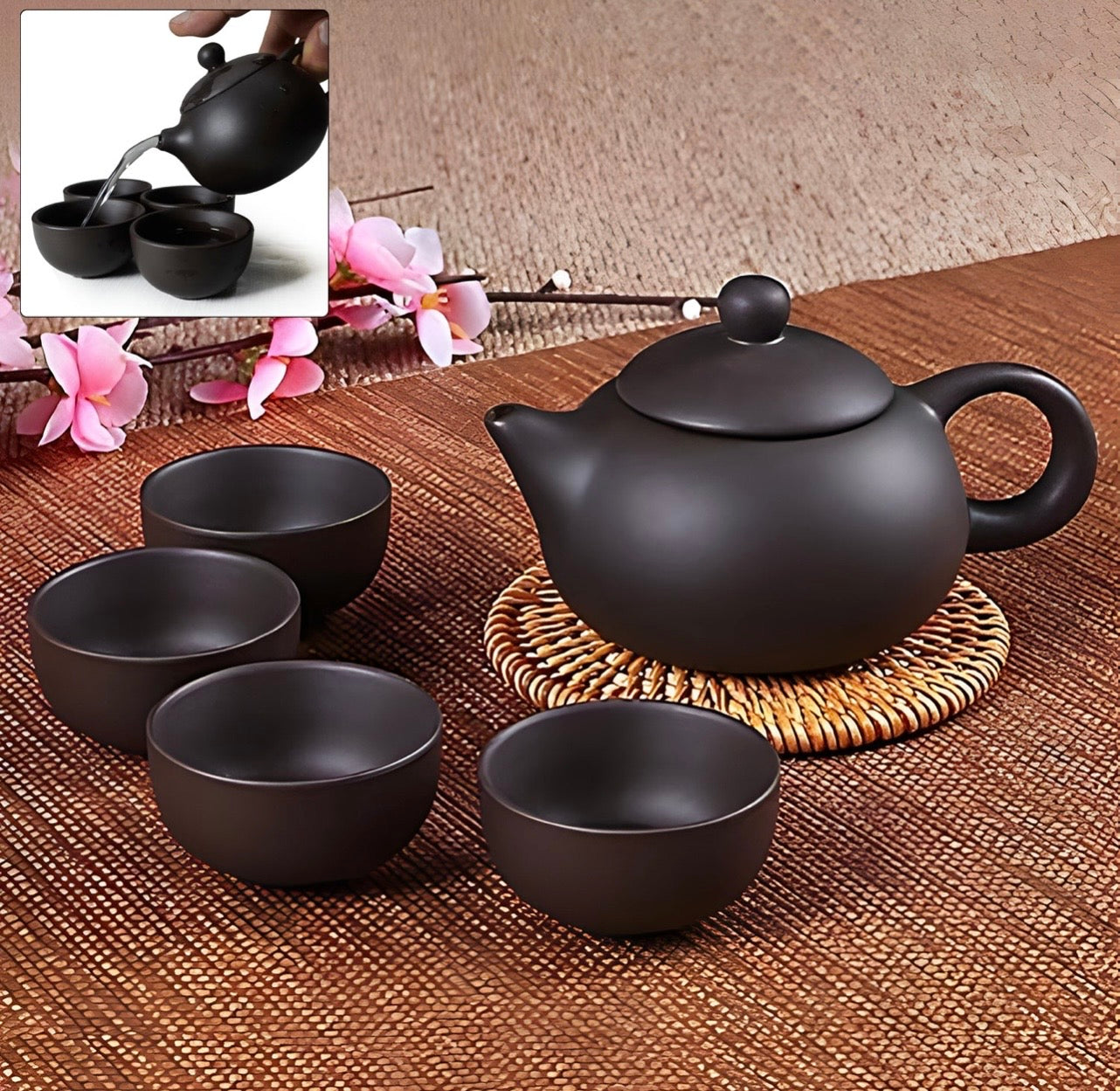 Hombay Ceramic Teapot & Tea Cup Set | Premium Matte Black Tea Set for Home & Gifting