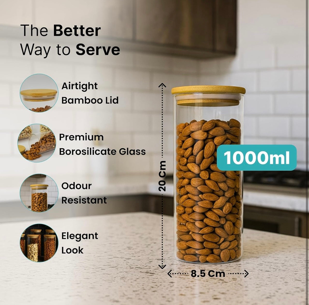 HOMBAY Borosilicate Glass Storage Jar with Airtight Bamboo Lid (1000ml) | Kitchen Storage Container for Dry Fruits, Spices & Pantry Essentials (set of 6 )