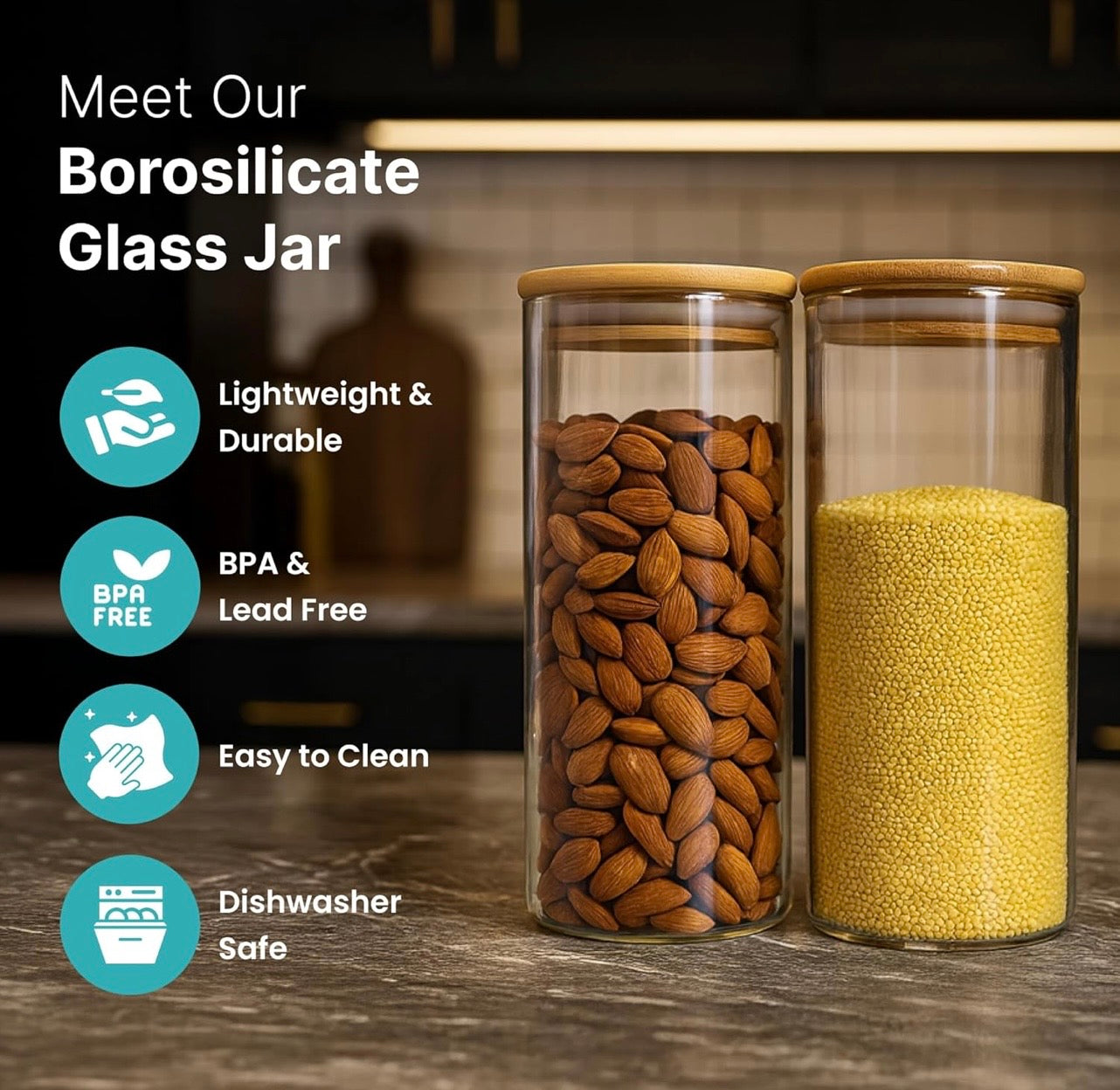 HOMBAY Borosilicate Glass Storage Jar with Airtight Bamboo Lid (1000ml) | Kitchen Storage Container for Dry Fruits, Spices & Pantry Essentials (set of 6 )