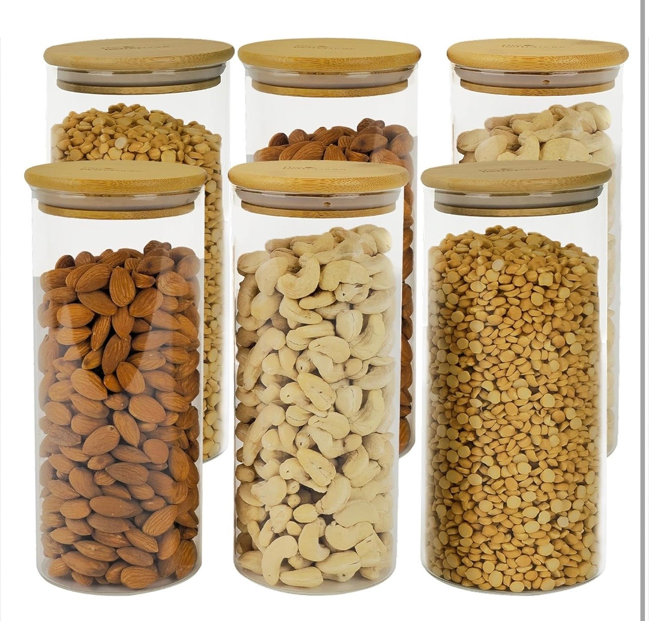 HOMBAY Borosilicate Glass Storage Jar with Airtight Bamboo Lid (1000ml) | Kitchen Storage Container for Dry Fruits, Spices & Pantry Essentials (set of 6 )