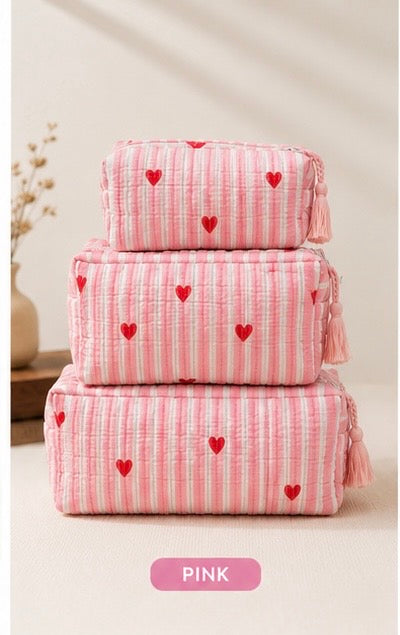 Hombay Quilted Travel Pouch Set of 3 | Cotton Makeup, Toiletry & Organizer Bags with Tassel Zip | Multi-Size Travel Storage