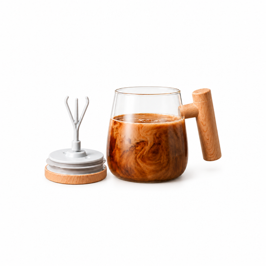 HOMBAY Self stirring Glass Coffee Mug with Wooden finish Handle & Lid