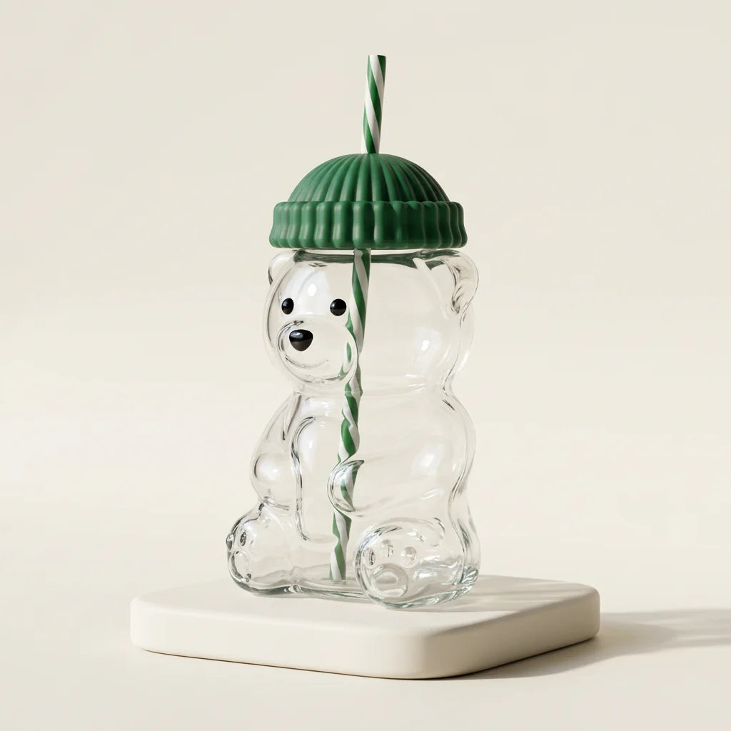 HOMBAY™ Honey Bear Glass Cup with Straw & Leak-Proof Lid | 20oz (590ml)