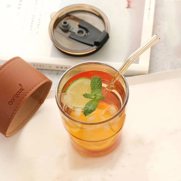Customized Jar Drinking Glass with Straw 380ml, Brown Leather Sleeve, ups with Lids and Straws Iced Coffee Cup