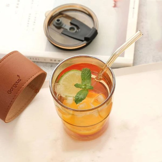 Customized Jar Drinking Glass with Straw 380ml, Brown Leather Sleeve, ups with Lids and Straws Iced Coffee Cup