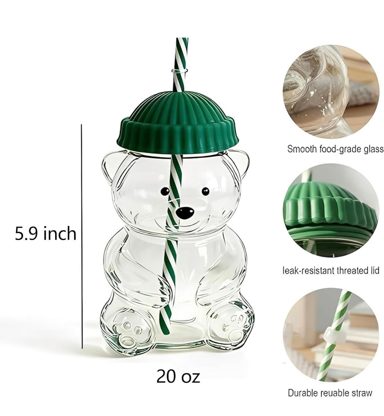 HOMBAY™ Honey Bear Glass Cup with Straw & Leak-Proof Lid | 20oz (590ml)