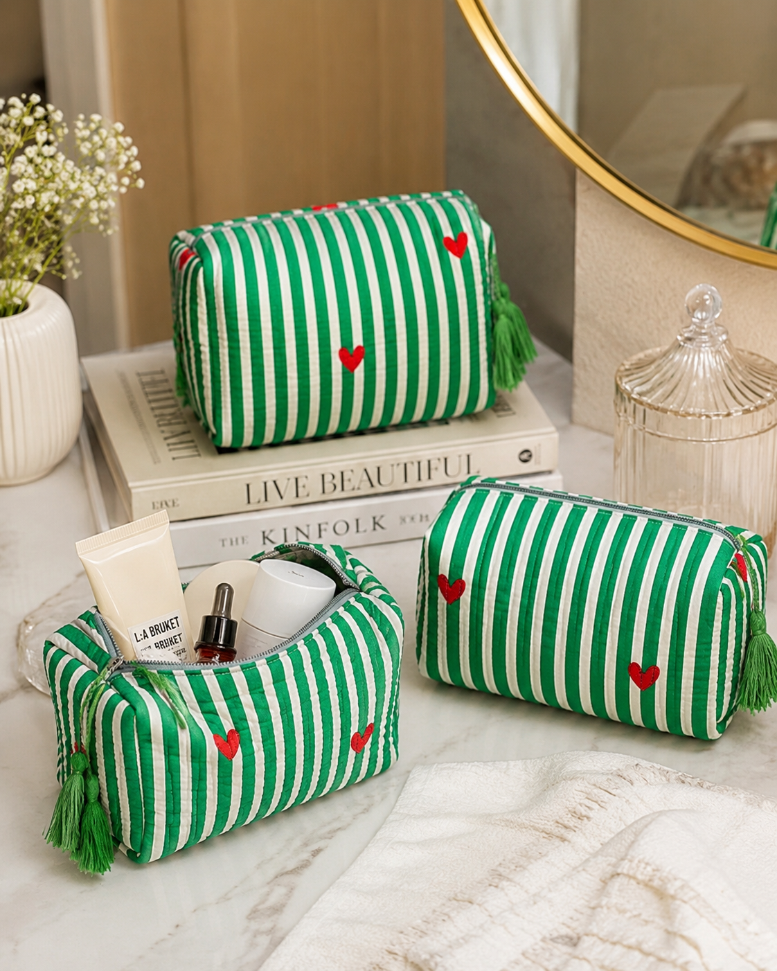 Hombay Quilted Travel Pouch Set of 3 | Cotton Makeup, Toiletry & Organizer Bags with Tassel Zip | Multi-Size Travel Storage