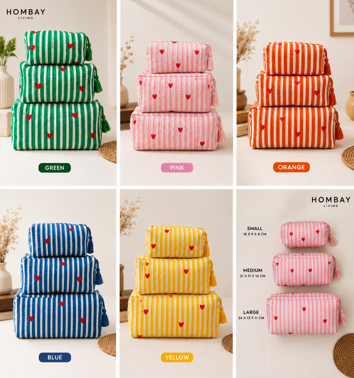 Hombay Quilted Travel Pouch Set of 3 | Cotton Makeup, Toiletry & Organizer Bags with Tassel Zip | Multi-Size Travel Storage