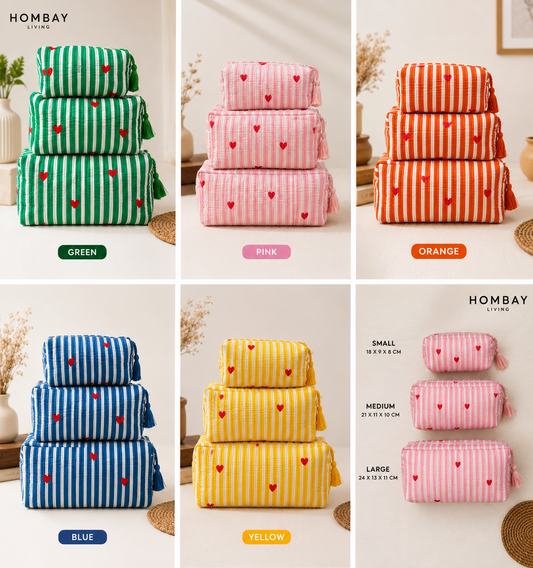 Hombay Quilted Travel Pouch Set of 3 | Cotton Makeup, Toiletry & Organizer Bags with Tassel Zip | Multi-Size Travel Storage