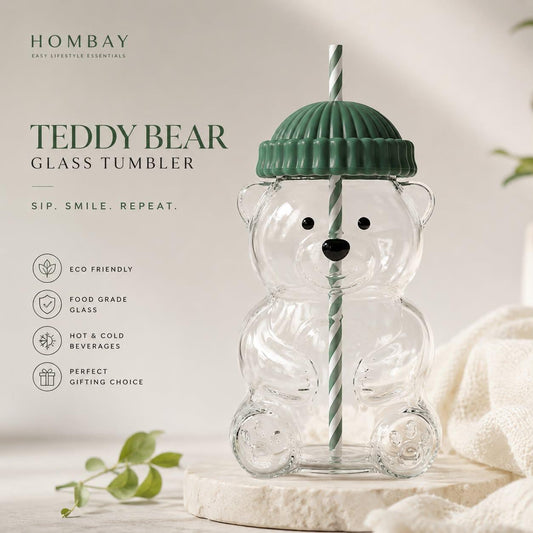 HOMBAY™ Honey Bear Glass Cup with Straw & Leak-Proof Lid | 20oz (590ml)