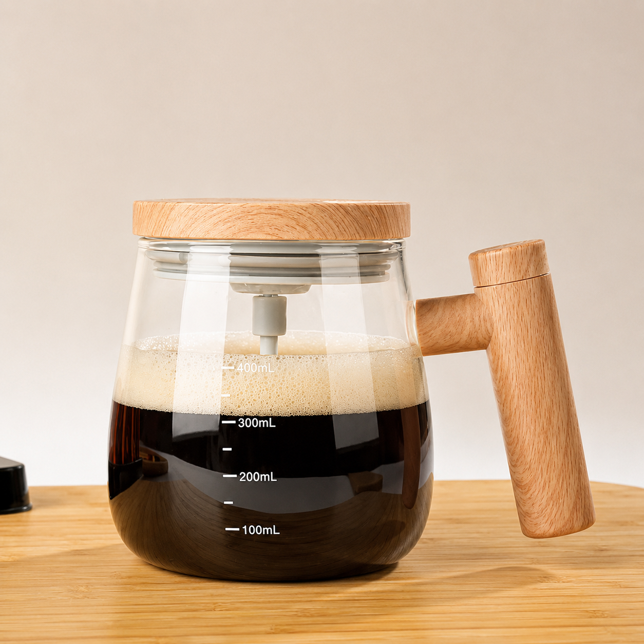 HOMBAY Self stirring Glass Coffee Mug with Wooden Handle & Lid