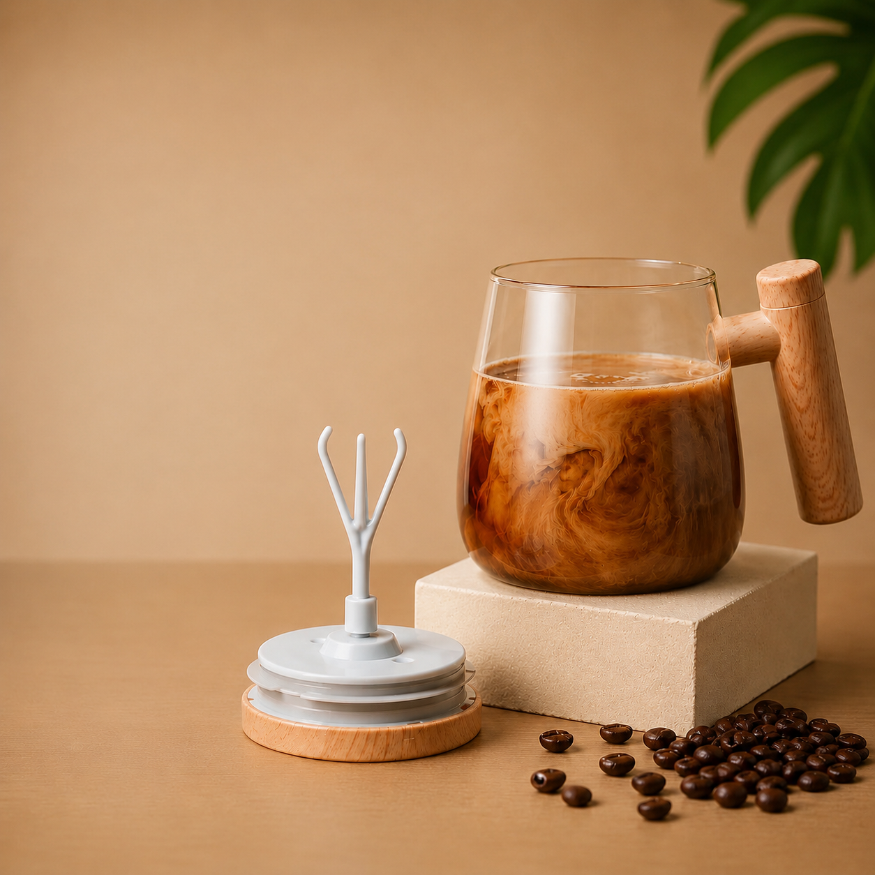 HOMBAY Self stirring Glass Coffee Mug with Wooden Handle & Lid
