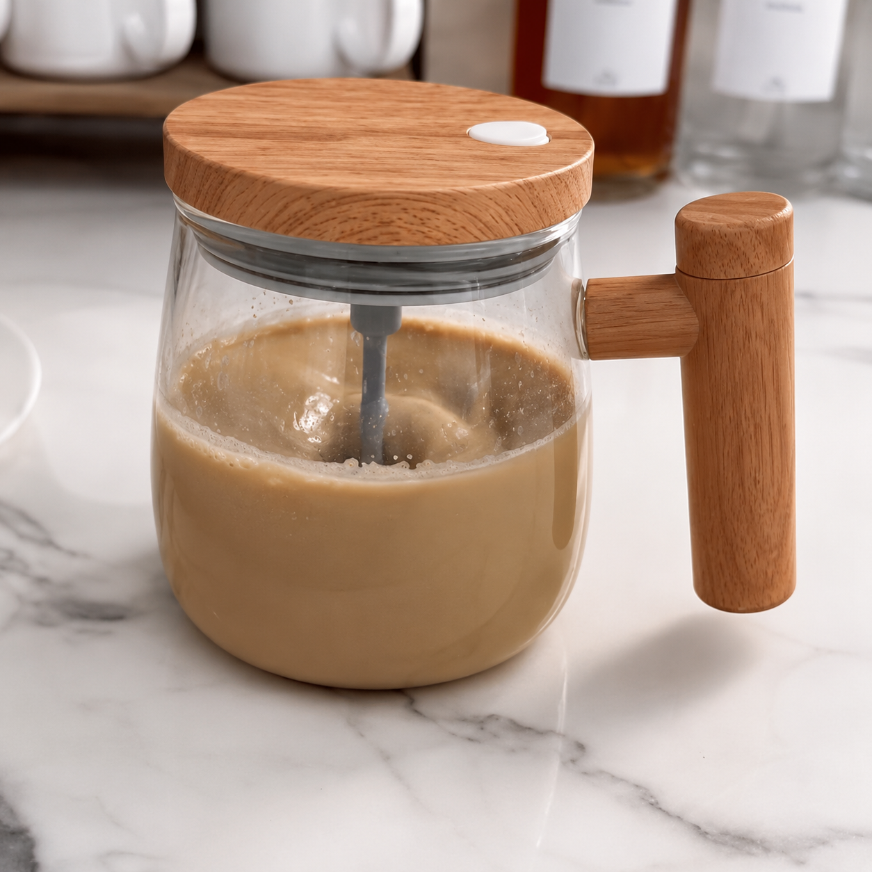 HOMBAY Self stirring Glass Coffee Mug with Wooden Handle & Lid
